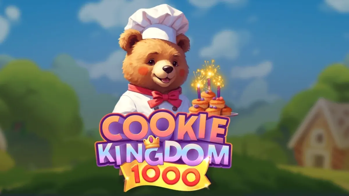 Makulay na grid ng Cookie Kingdom 1000 slot na may mga jelly animals at candy symbols.