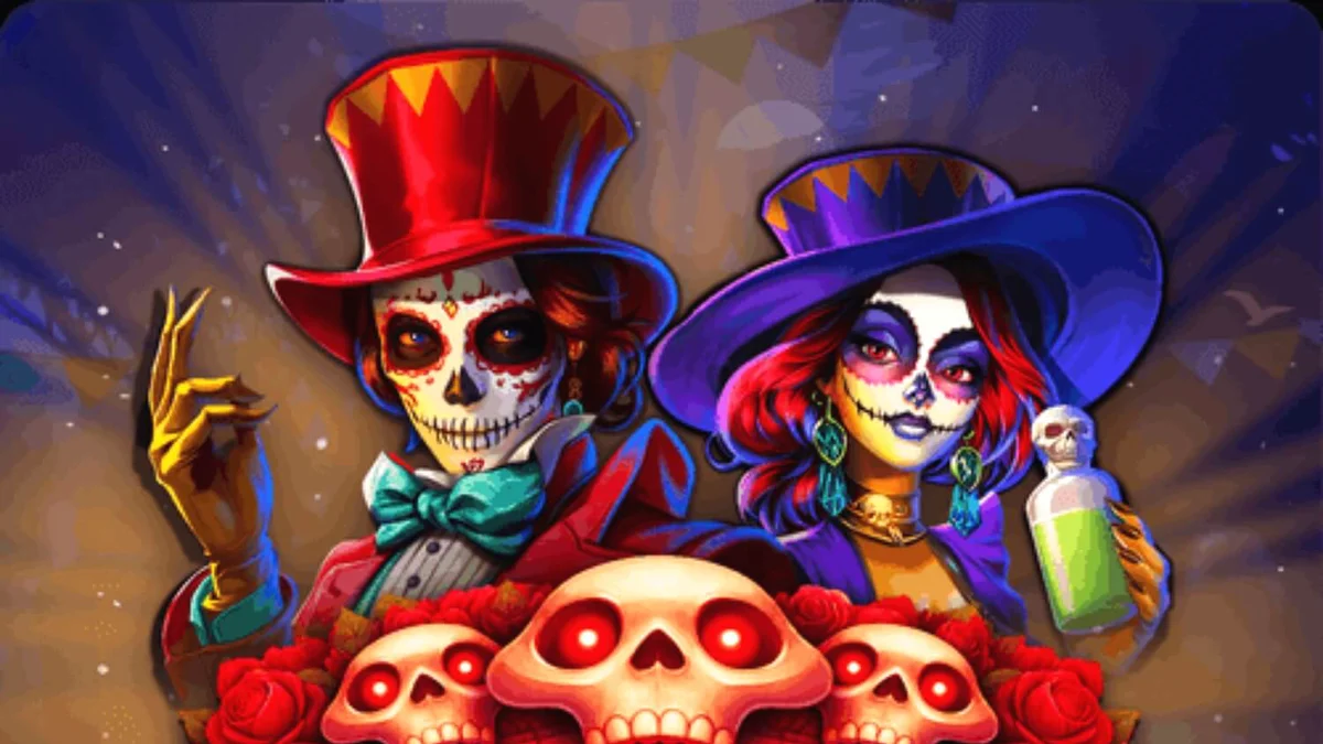 Isang madilim na sementeryo sa ilalim ng liwanag ng buwan na may mga makukulay na bungo at kandila mula sa Skull Fiesta slot.