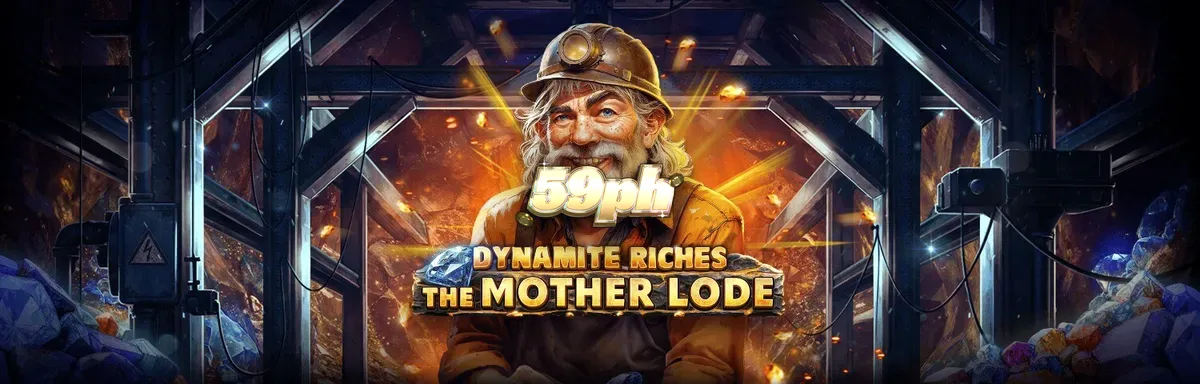 Isang visual na representasyon ng Dynamite Riches The Mother Lode slot na nagpapakita ng mga simbolo ng minahan at ginto.